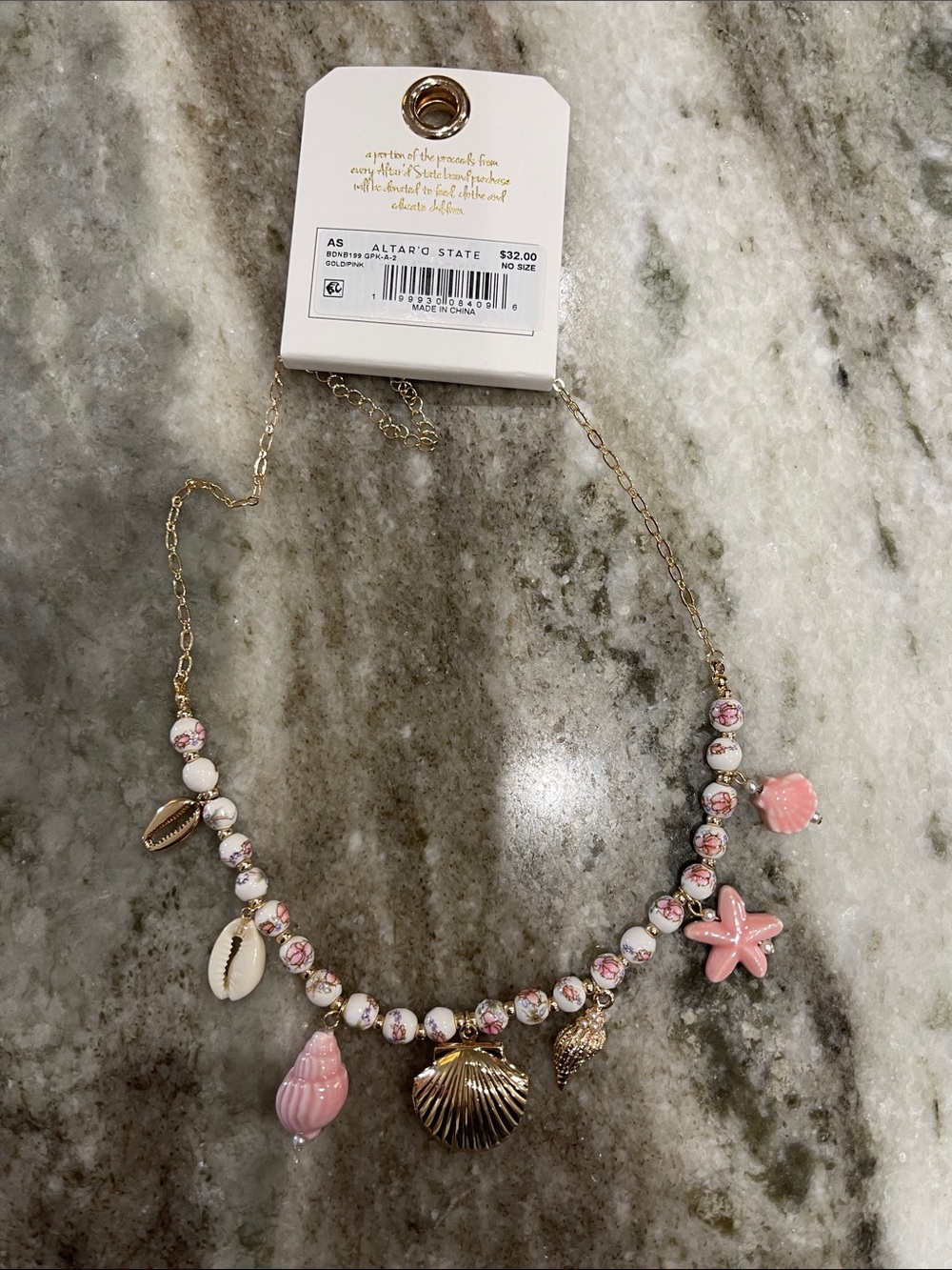 Altar'd State Pink Shell & Starfish Charm Necklace with Gold Chain